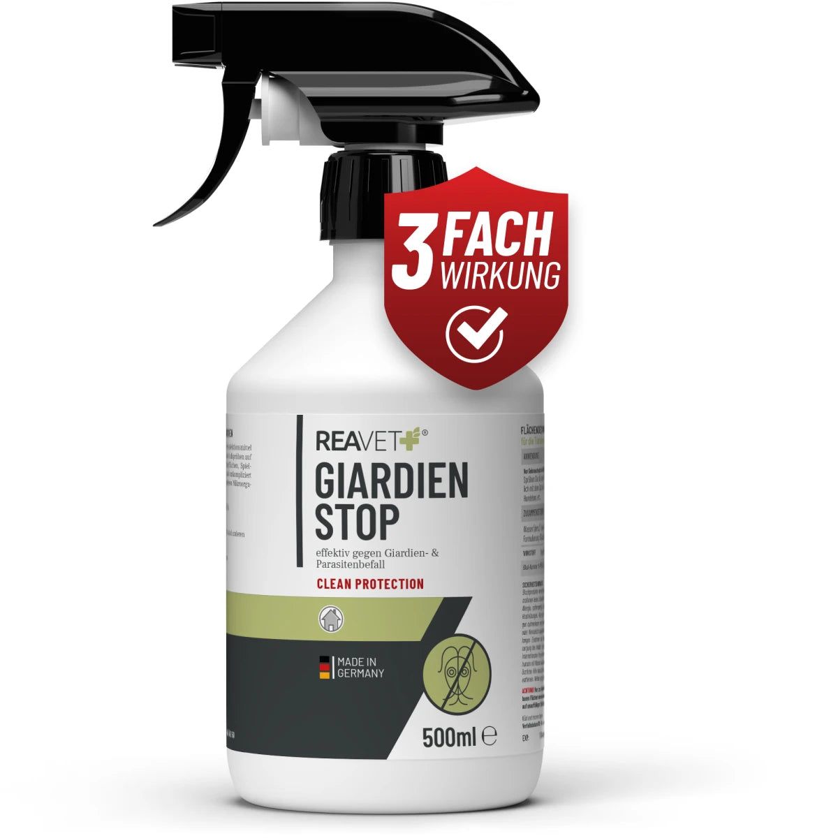 ReaVET Giardien Stop Spray. Weiße Flasche mit schwarzem Sprühkopf. Text: 3-fach Wirkung. 500ml.