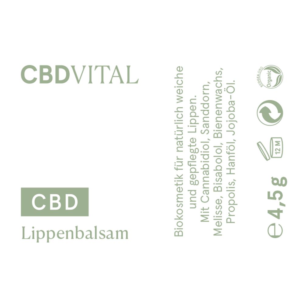 Etikett mit Produktinformationen. Text: CBD VITAL, CBD Lippenbalsam. Inhaltsstoffe und Bio-Siegel.