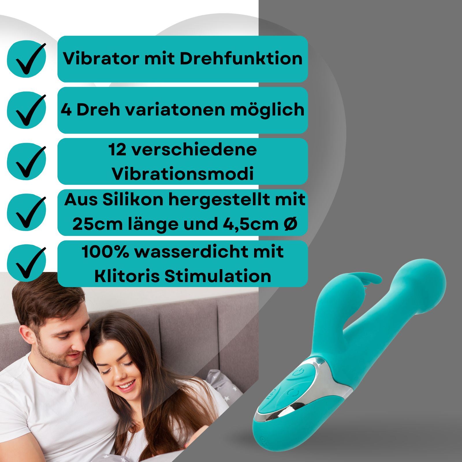 Türkisfarbener Vibrator mit Drehfunktion. Aus Silikon. 25cm lang, 4,5cm Ø. Paar im Hintergrund.