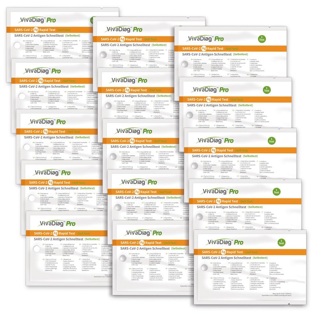 Mehrere einzeln verpackte Testkits. Aufdruck: VivaDiag Pro, SARS-CoV-2 Antigen Schnelltest.