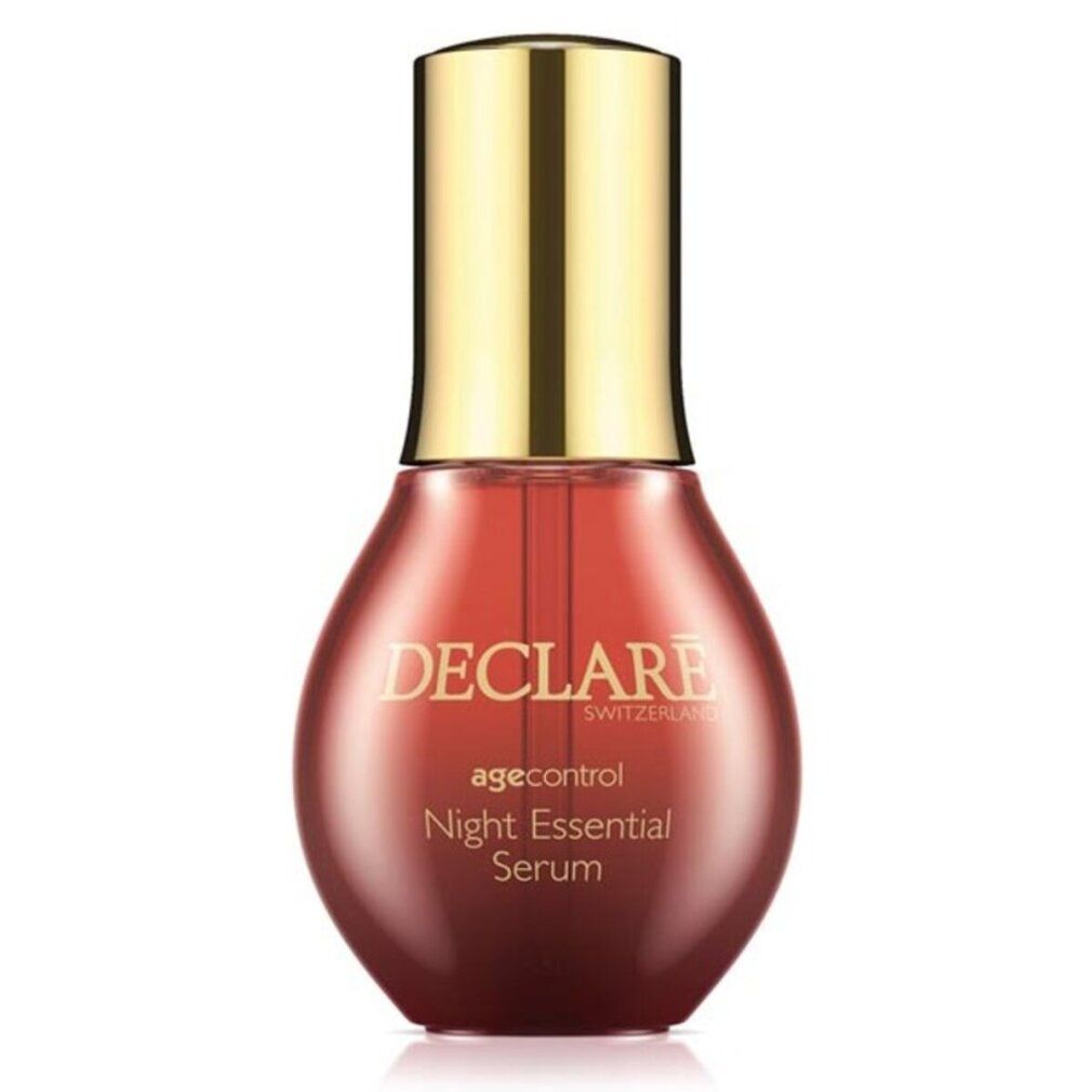 Rote Serumflasche mit goldfarbenem Deckel. Aufschrift: DECLARE SWITZERLAND, agecontrol Night Essential Serum.