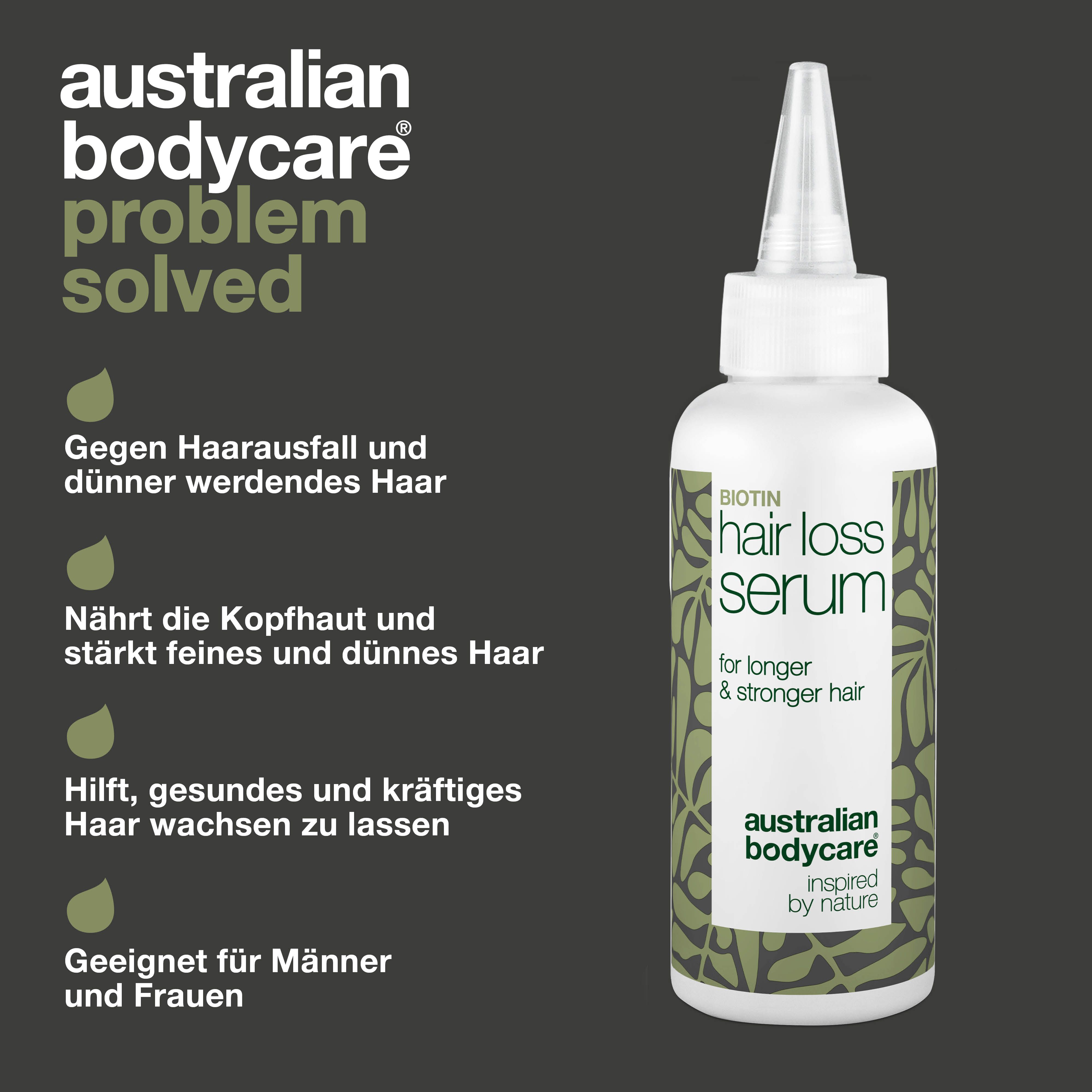 Serum-Flasche mit Aufschrift "Hair Loss Serum". Marke: Australian Bodycare. Text: Problem gelöst.