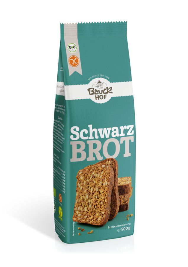 Bauckhof Schwarzbrot Backmischung glutenfrei: Tüte mit Brotscheiben.