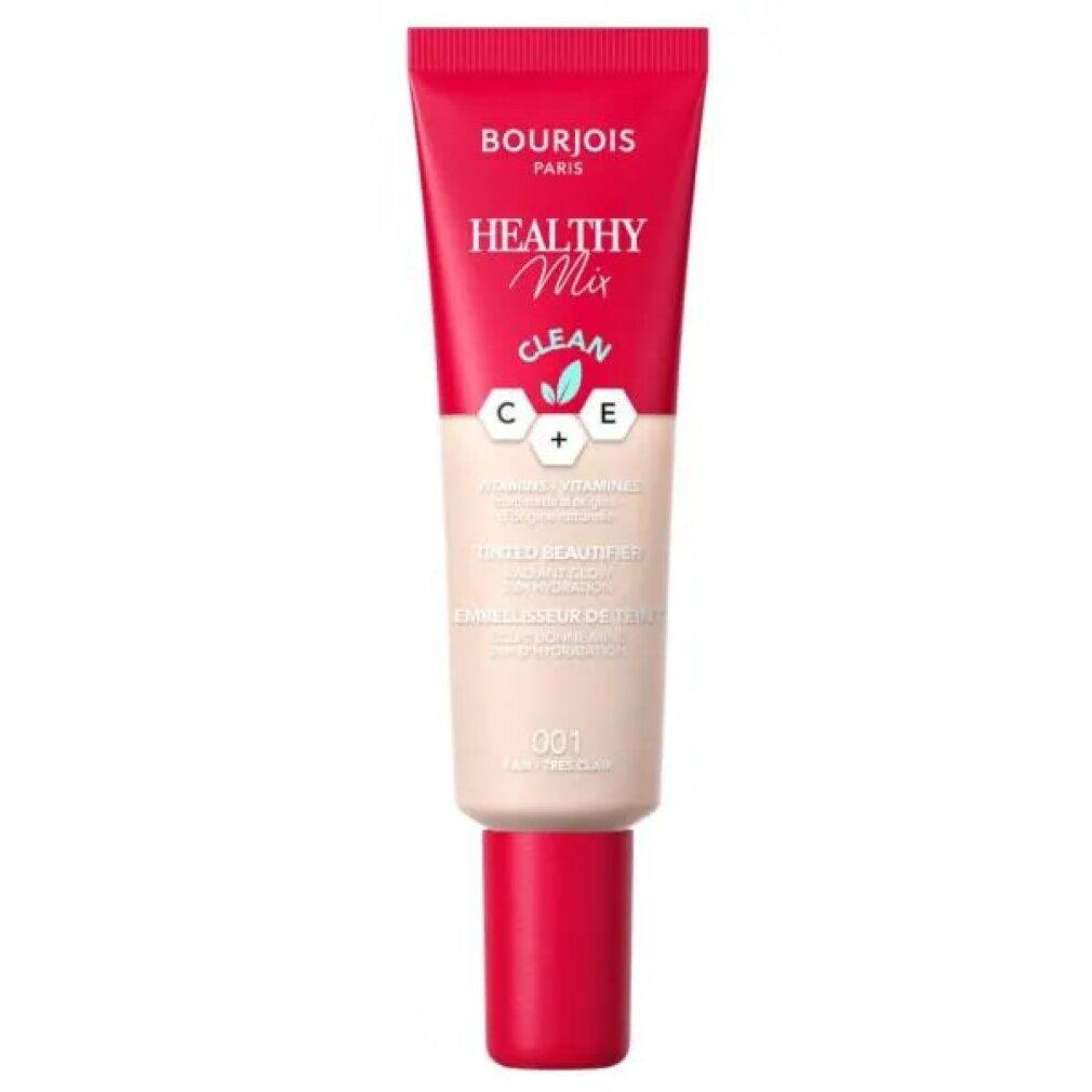 Bourjois Healthy Mix Beautifier. Tube mit roter Kappe. Farbton 001. Aufschrift: Clean, Tinted Beautifier.