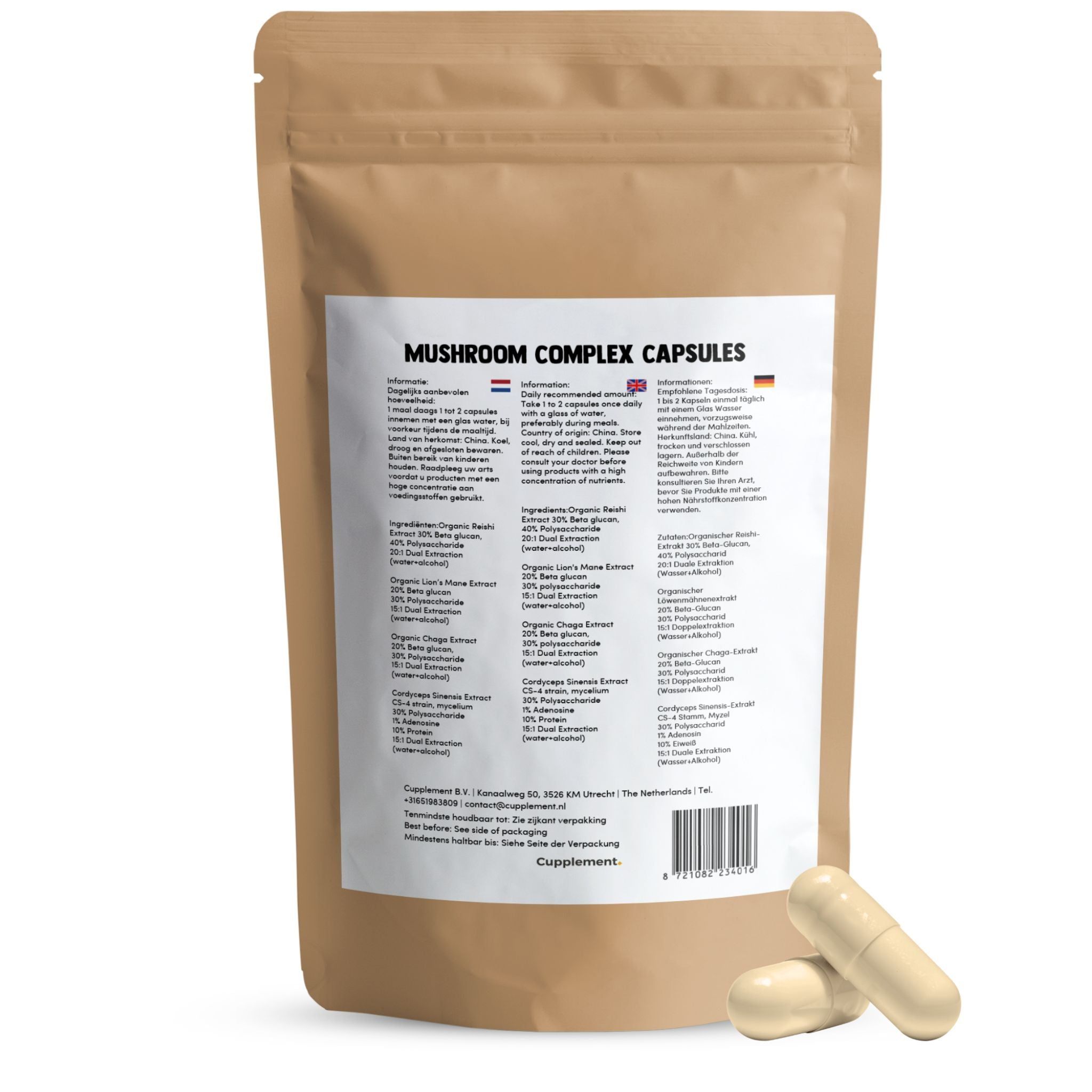 Rückseite der Verpackung mit Informationen. Zwei Kapseln liegen daneben. Text in mehreren Sprachen.