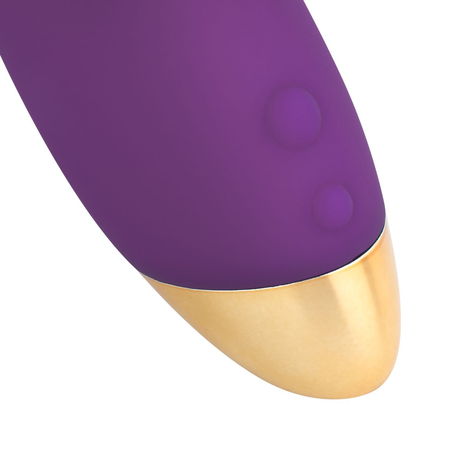 Nahaufnahme der Bedienelemente und der goldenen Spitze eines lila Vibrators.