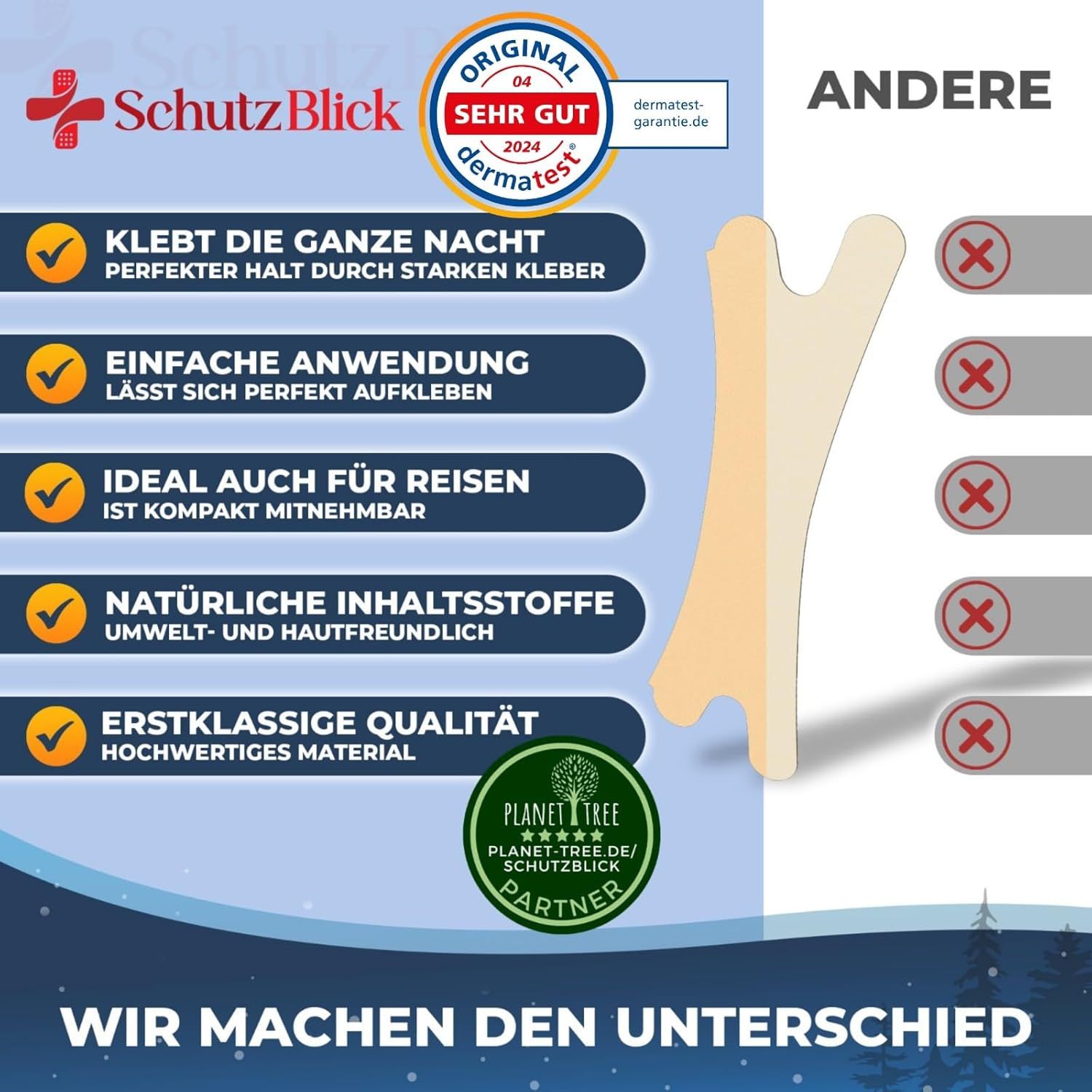 Nasenpflaster-Design, gelb. Text: Klebt die ganze Nacht, Einfache Anwendung, Ideal auch für Reisen, Natürliche Inhaltsstoffe, Erstklassige Qualität. Dermatest-Siegel.