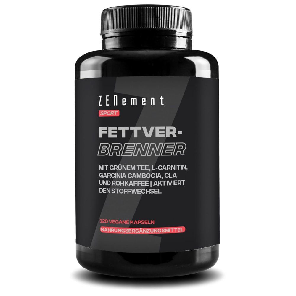 Schwarze Flasche mit "Zenement Fettverbrenner"-Etikett. Enthält 120 Kapseln. Aufschrift: Mit grünem Tee, L-Carnitin, Garcinia Cambogia, CLA und Rohkaffee.