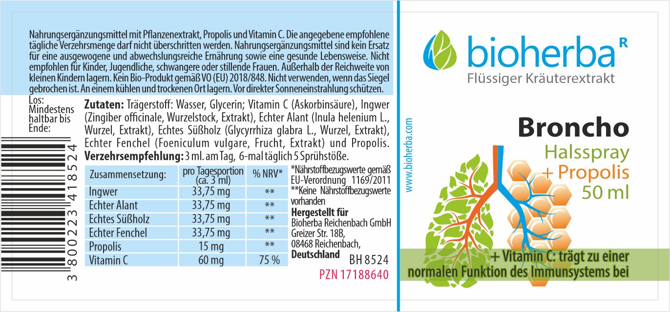 Braune Glasflasche mit Sprühkopf. Etikett mit Produktinformationen und Inhaltsstoffen. Aufschrift Broncho Halsspray + Propolis.