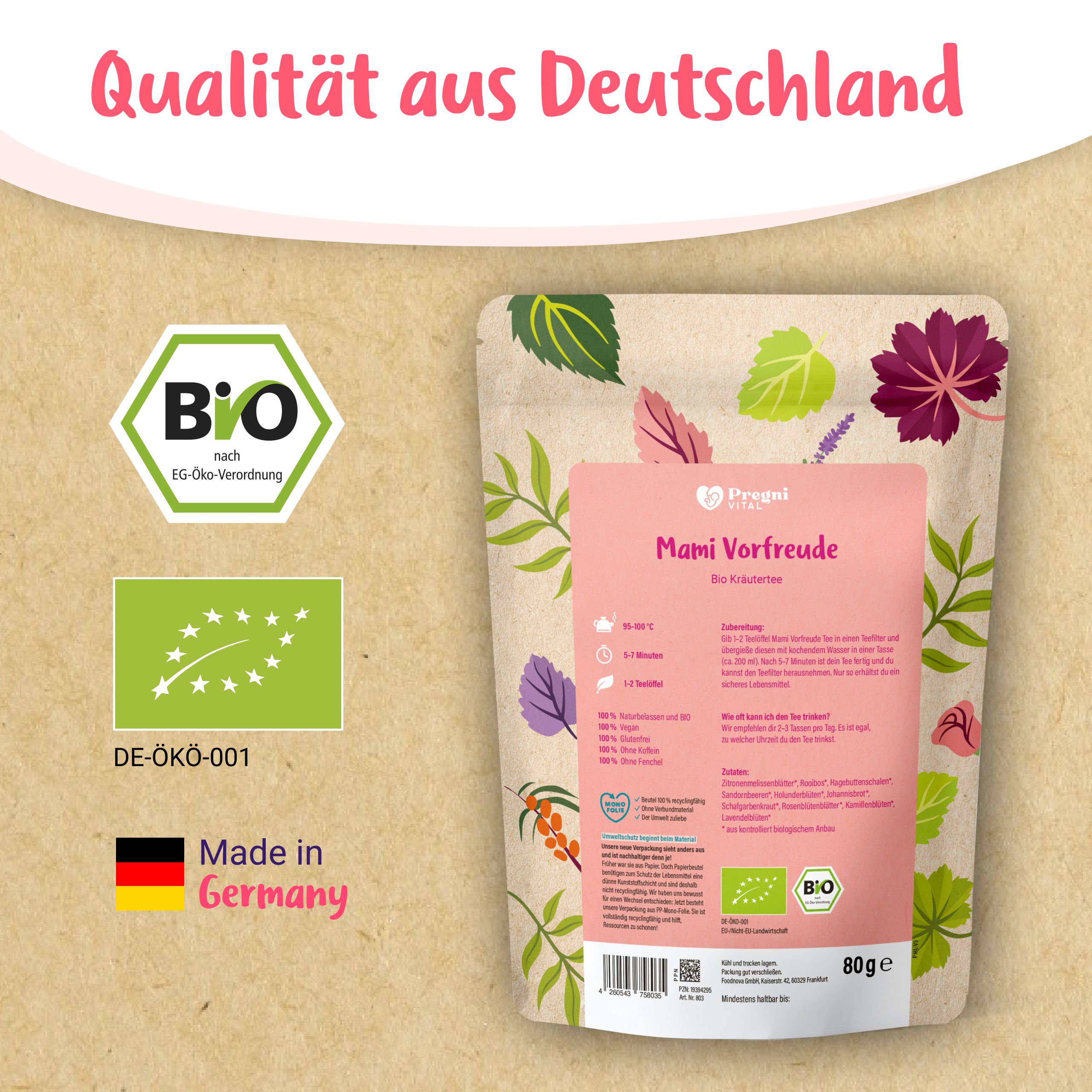 BIO-Siegel, DE-ÖKO-001 und Made in Germany für Mami Vorfreude Schwangerschaftstee.