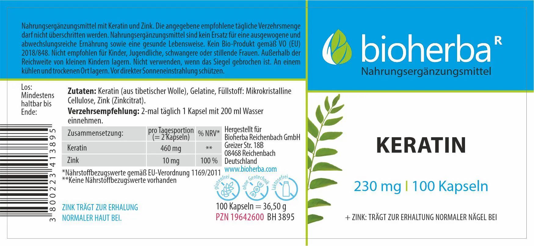 Etikett mit "bioherba" Logo, "Keratin" Schriftzug und Inhaltsangaben. Enthält Informationen zu Inhaltsstoffen und Nährwerten.