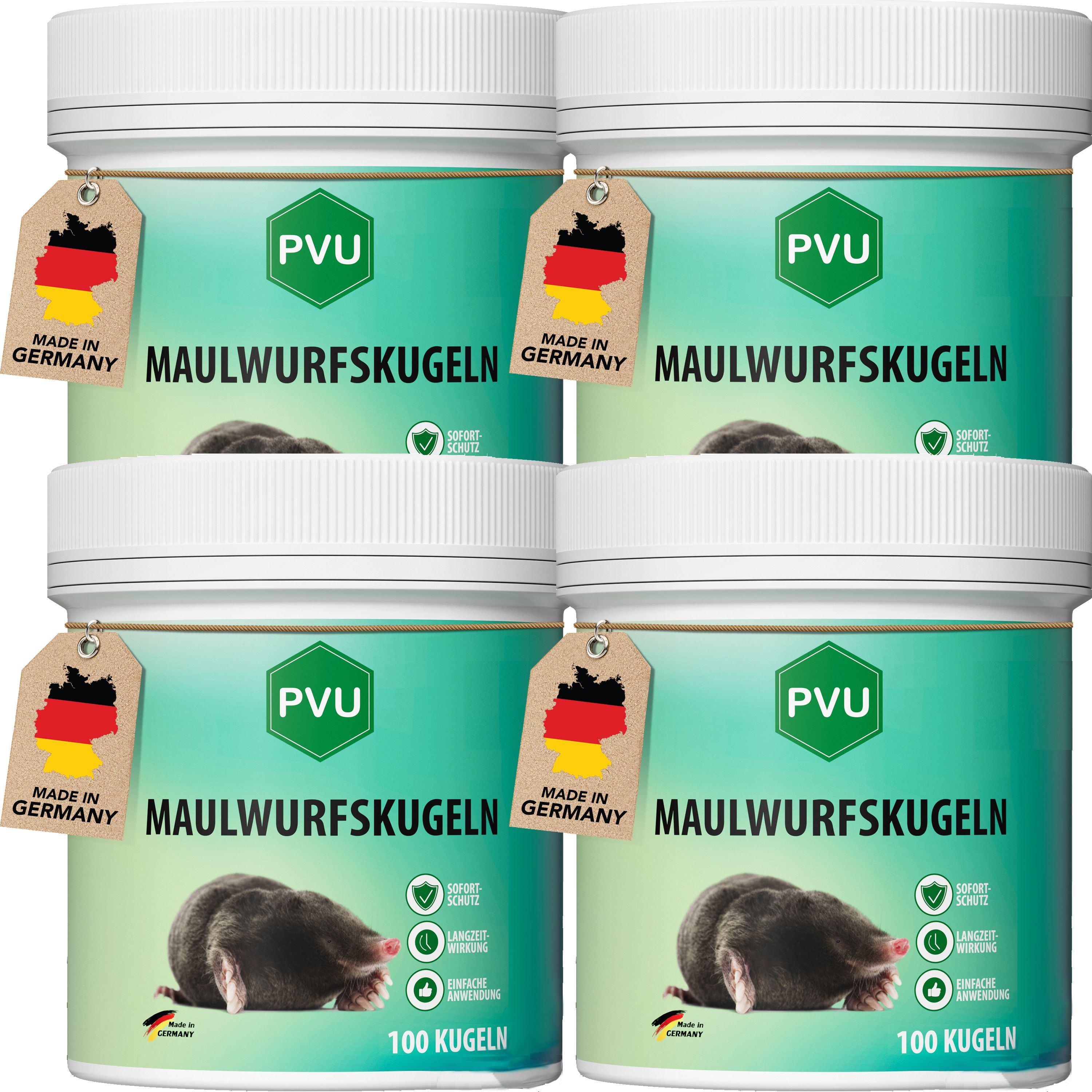 Vier weiße Behälter mit grünen Etiketten. Aufschrift: MAULWURFSKUGELN. Anhänger mit Deutschlandflagge. 100 Kugeln.