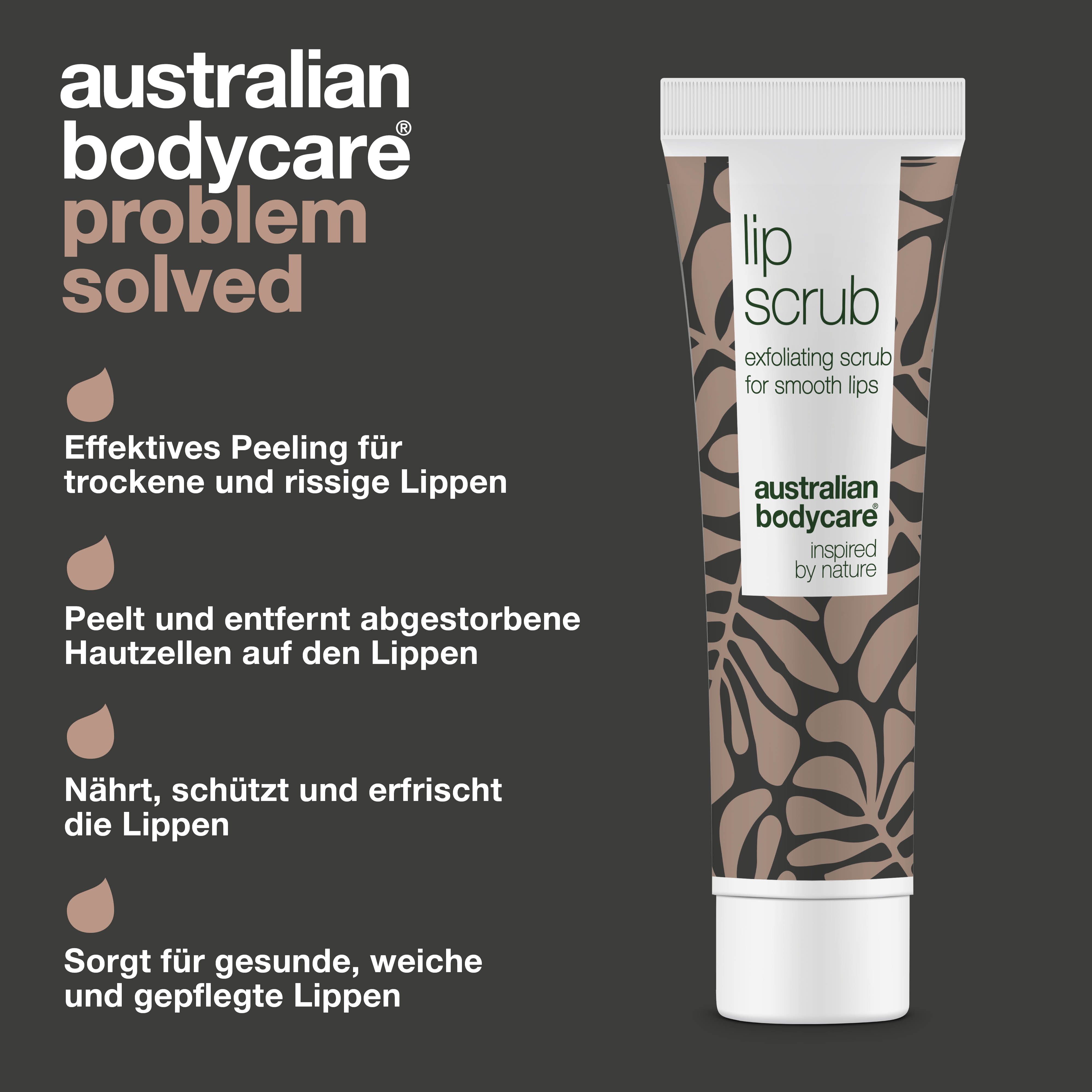 Lippenpeeling-Tube. Text: Lip Scrub, Australian Bodycare. Lösung: Peeling, entfernt abgestorbene Hautzellen, pflegt.