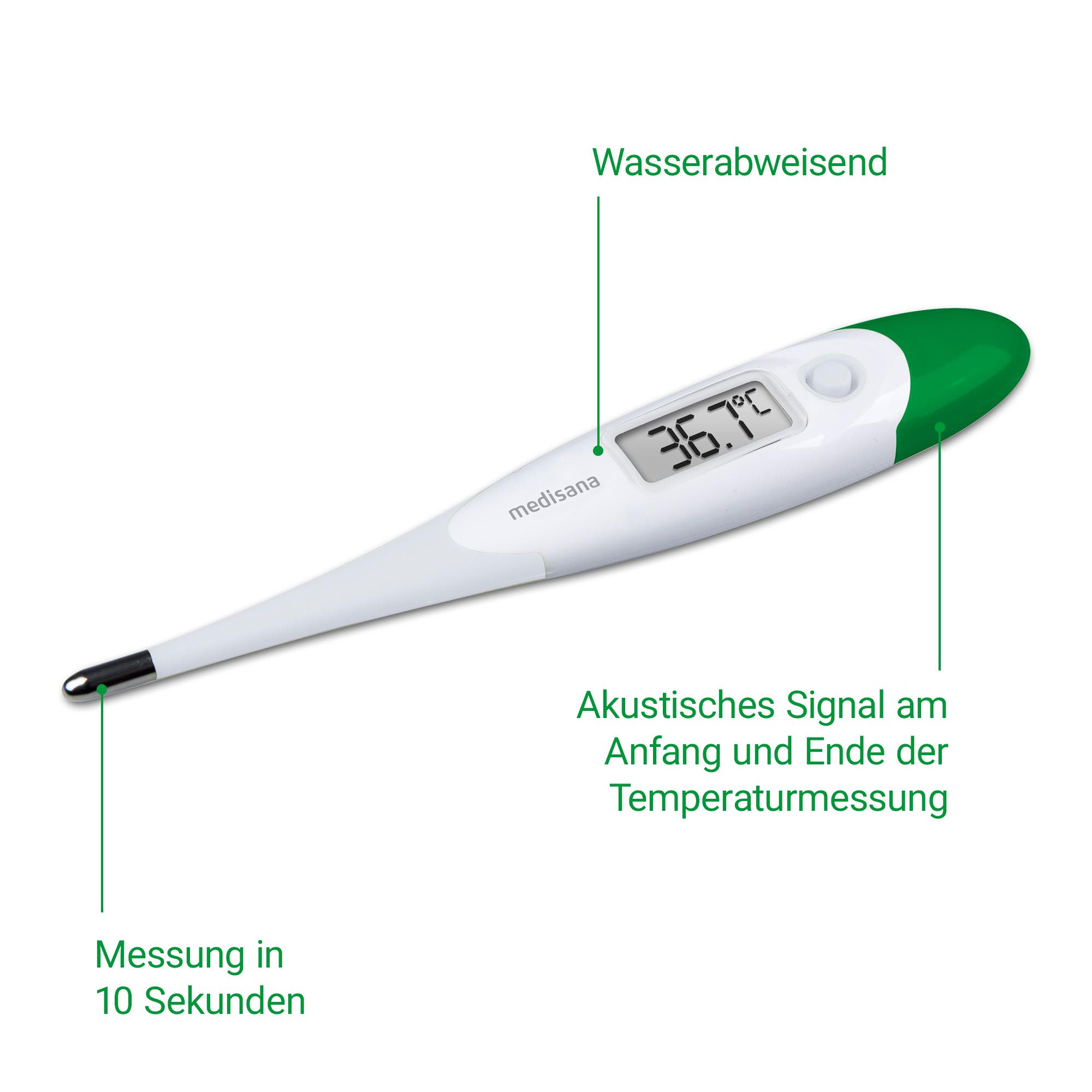 Digitales Fieberthermometer: Messung in 10 Sekunden, wasserabweisend, mit akustischem Signal.