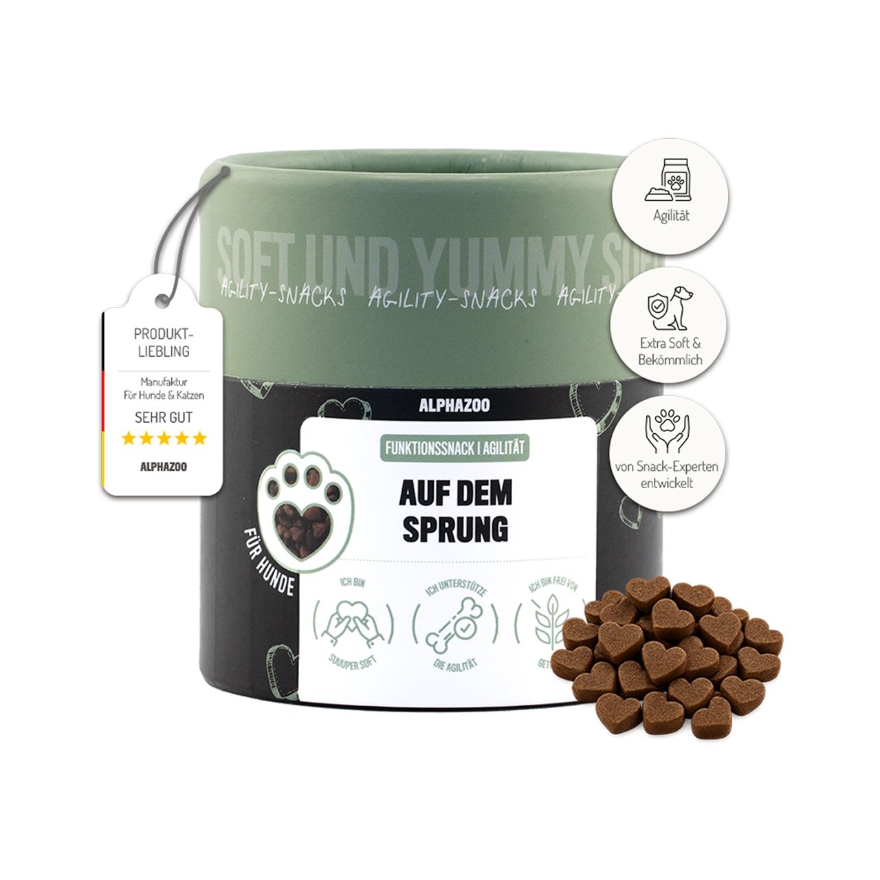 Zylinderdose mit Aufschrift "Auf dem Sprung". Herzförmige Snacks daneben. Produkt-Liebling-Auszeichnung.