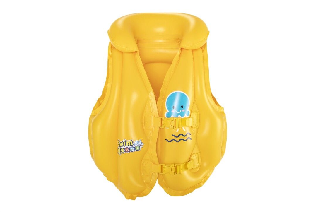 Gelbe Schwimmweste mit blauem Oktopus-Motiv und Wellen. Mit Schnallen und dem Schriftzug Swim Safe.