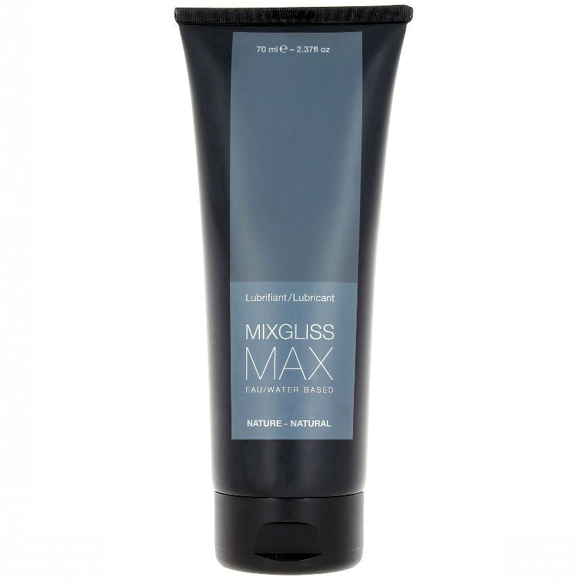Schwarze Tube mit Schmiermittel, "MIXGLISS MAX" und "WATER BASED" Aufschrift.