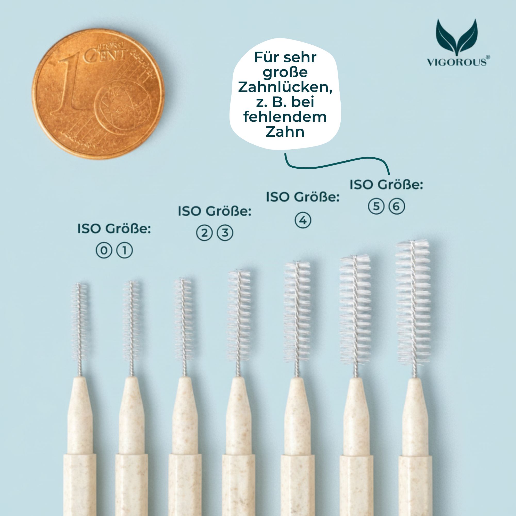 Interdentalbürsten in verschiedenen Größen. Größenvergleich mit einer 1-Cent-Münze. Text: Für große Zahnlücken.