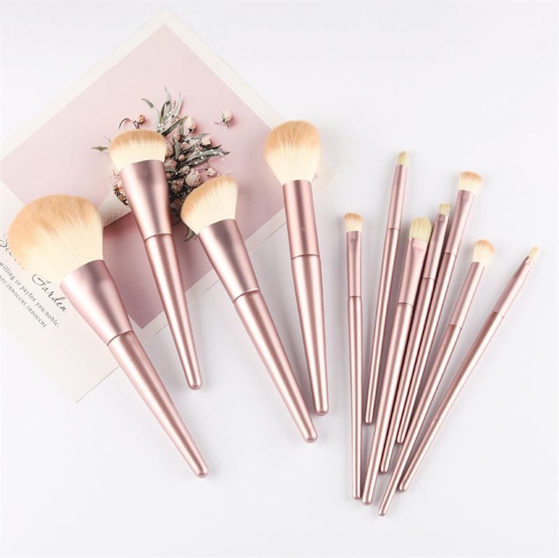 Make-up-Pinsel-Set. Rosa Griffe, helle Borsten. Verschiedene Formen und Größen. Auf weißem Hintergrund.