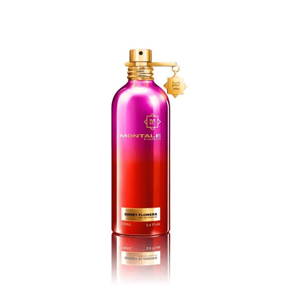 Montale Sweet Flowers Edp Spray. Farbverlauf von Pink nach Rot. Goldener Verschluss mit Anhänger. Weißer Hintergrund.