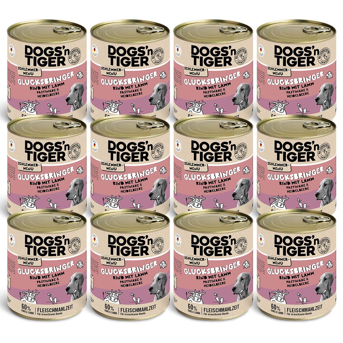 Zwölf Dosen Hunde Nassfutter. Auf jeder Dose steht 'DOGS'N TIGER', 'Glücksbringer', 'Rind mit Lamm'.