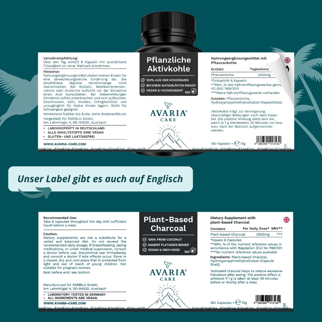 Zwei Etiketten, eines auf Deutsch und eines auf Englisch, mit Informationen über 'AVARIA CARE Aktivkohle' und 'Plant-Based Charcoal'.