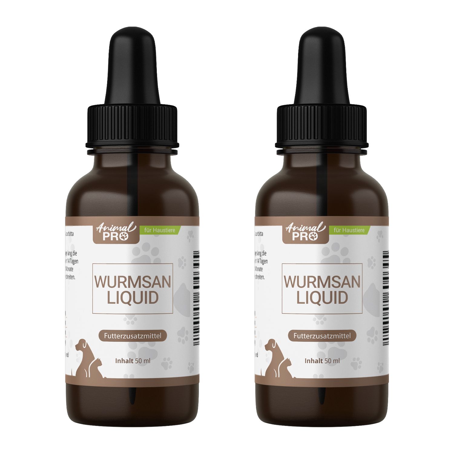 Zwei braune Flaschen mit schwarzer Pipette. Aufschrift: Animal Pro, Wurmsan Liquid, Futterzusatzmittel.