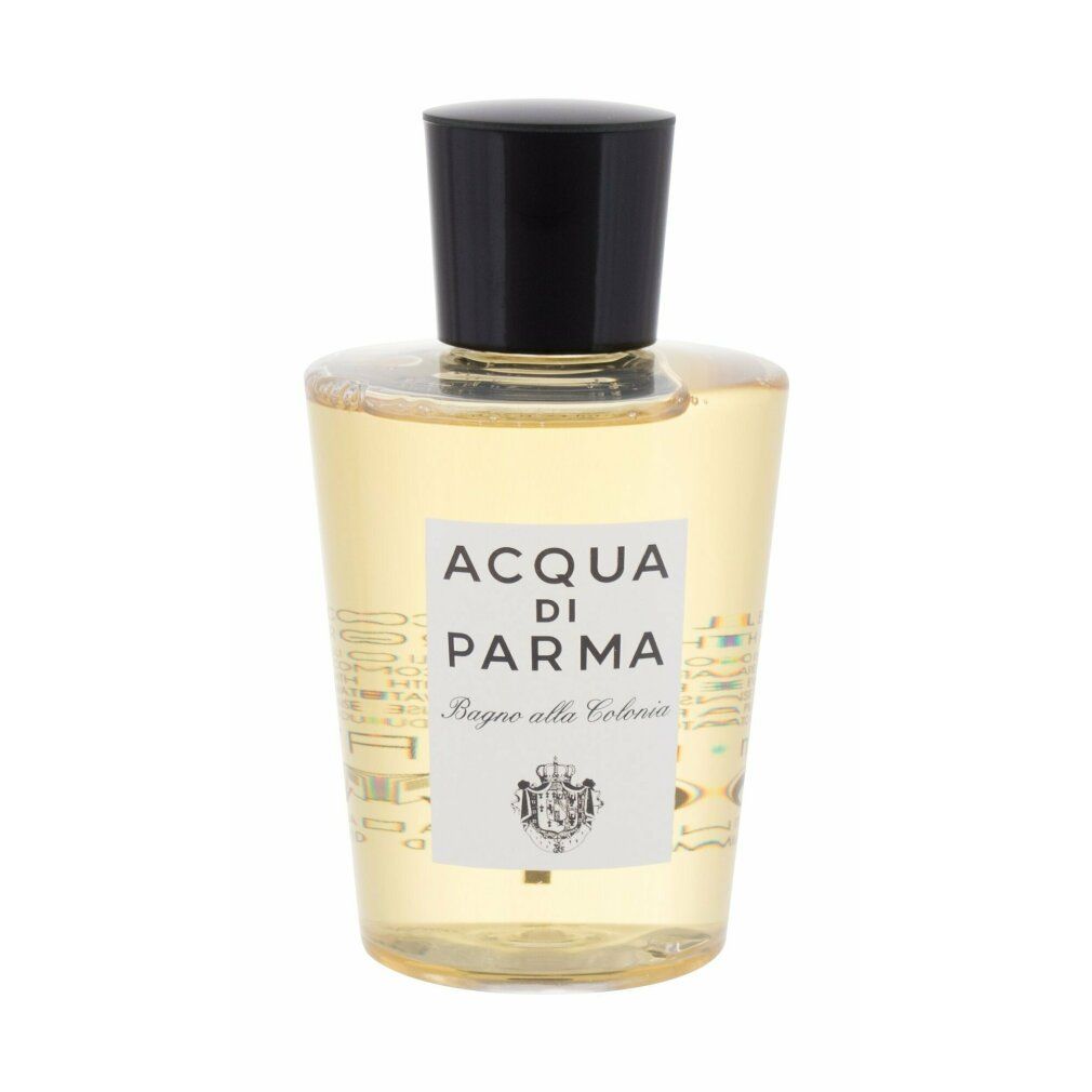 Flasche mit schwarzem Verschluss. Aufschrift: Acqua di Parma Bagno alla Colonia. Gelbes Gel.