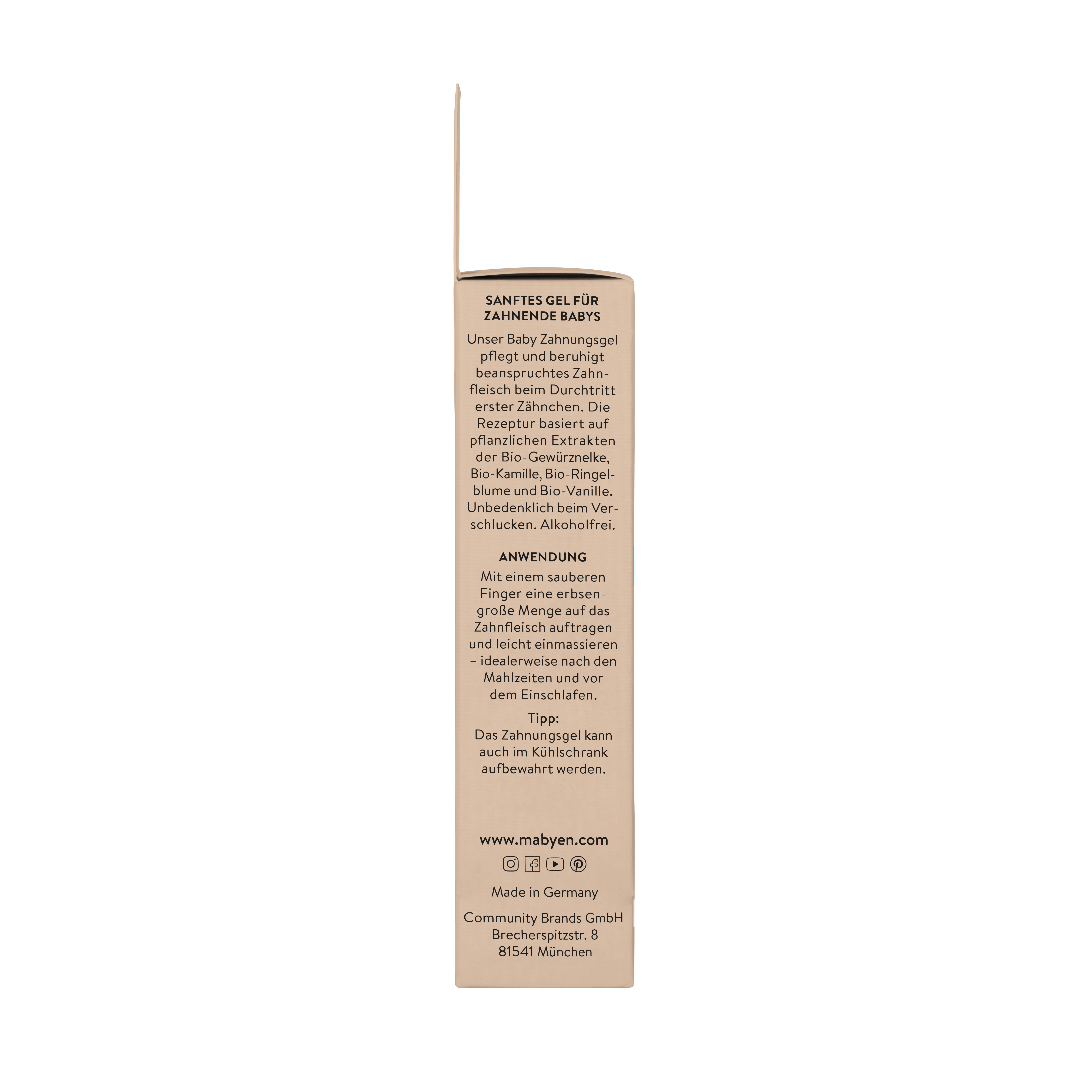 Seitenansicht der Zahnungsgel-Verpackung. Text mit Anwendungshinweisen, Website-Adresse und Herkunftsangabe.
