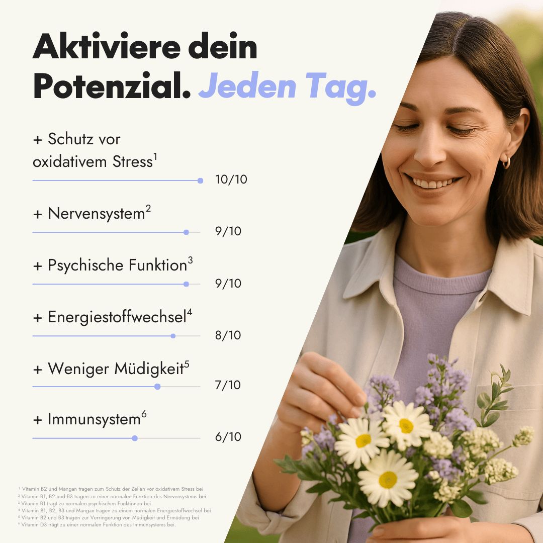 Frau mit Blumenstrauß. Text: Aktiviere dein Potenzial. Jeden Tag. + Schutz vor oxidativem Stress, Nervensystem, psychische Funktion.