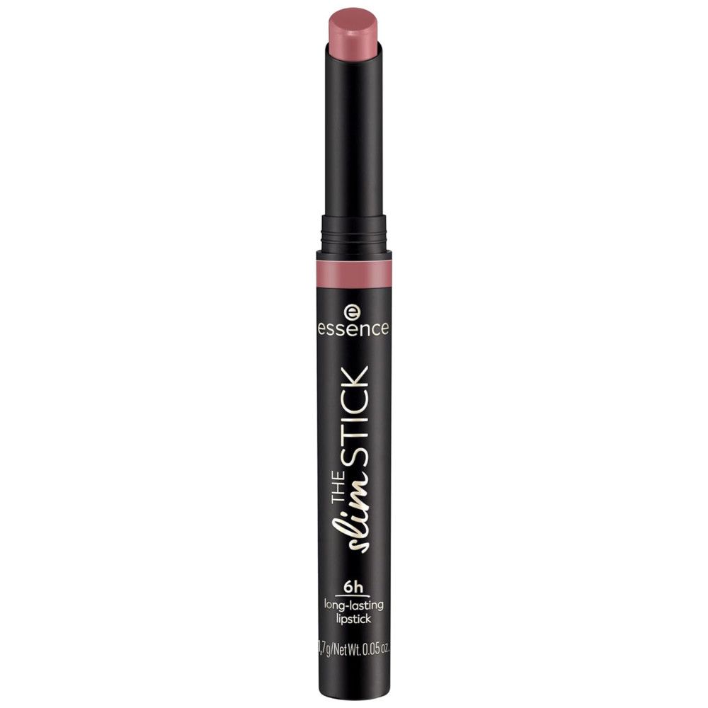 Lippenstift "The Slim Stick" von Essence. Schwarze Hülse, rosafarbene Spitze. Schriftzug "Essence" und "The Slim Stick".