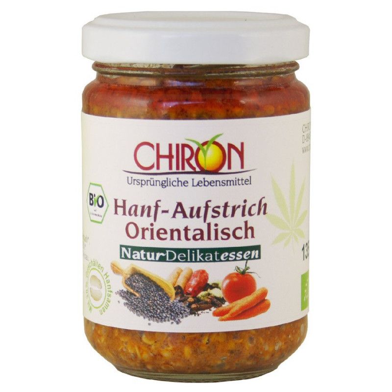 Glas mit Aufstrich. Etikett mit "CHIRON", "Hanf-Aufstrich orientalisch" und Bio-Siegel. Abbildung von Zutaten.