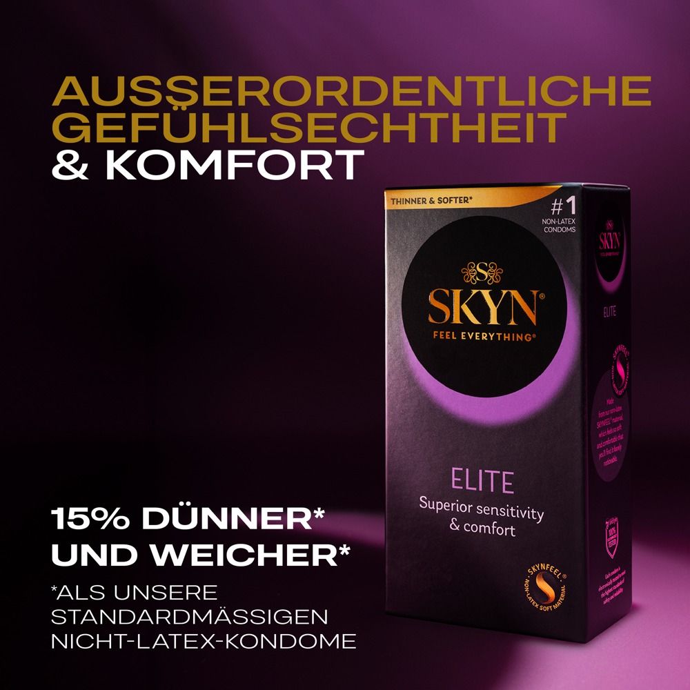 Werbung für SKYN Elite. Schwarzer Hintergrund. Text: Ausserordentliche Gefühlsechtheit & Komfort. 15% dünner.
