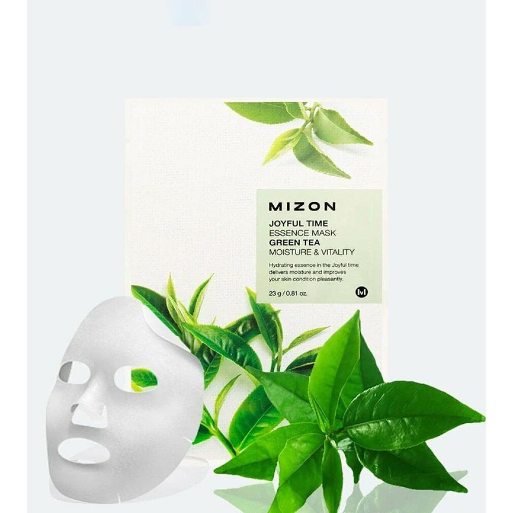 MIZON Joyful Time Essence Mask Green Tea. Maske und Verpackung mit grünen Blättern. Produktname deutlich sichtbar.