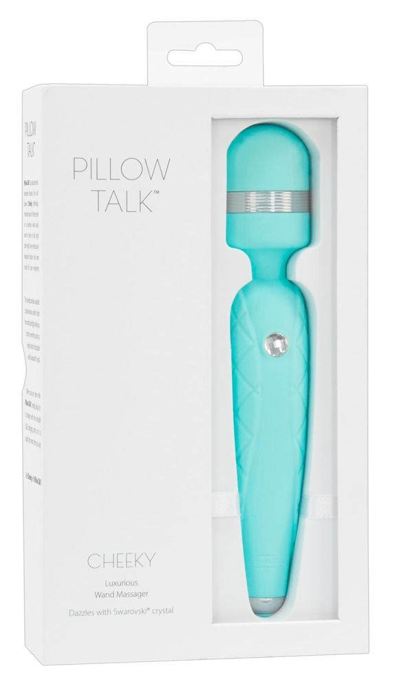 Türkiser Vibrationsstab 'Cheeky' von PILLOW TALK in geöffneter Verpackung mit Sichtfenster.