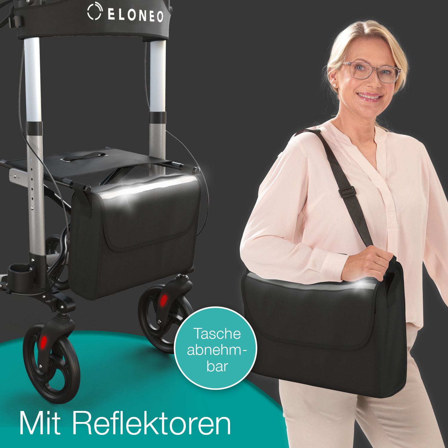 Rollator mit ELONEO-Logo, schwarzer Tasche mit Reflektoren. Tasche abnehmbar. Frau mit Tasche.