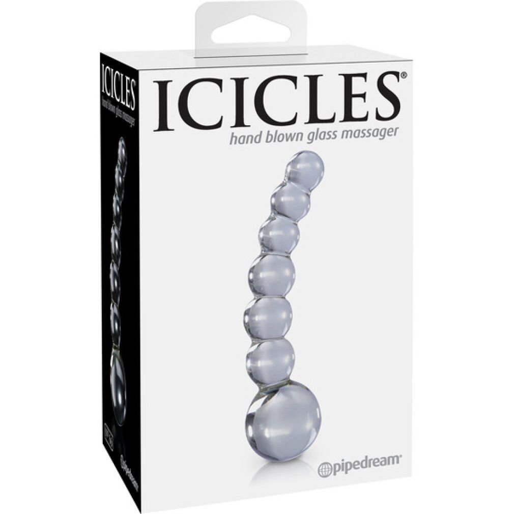 Produktverpackung mit Glasdildo. Aufschrift: ICICLES, hand blown glass massager. Marke: pipedream.