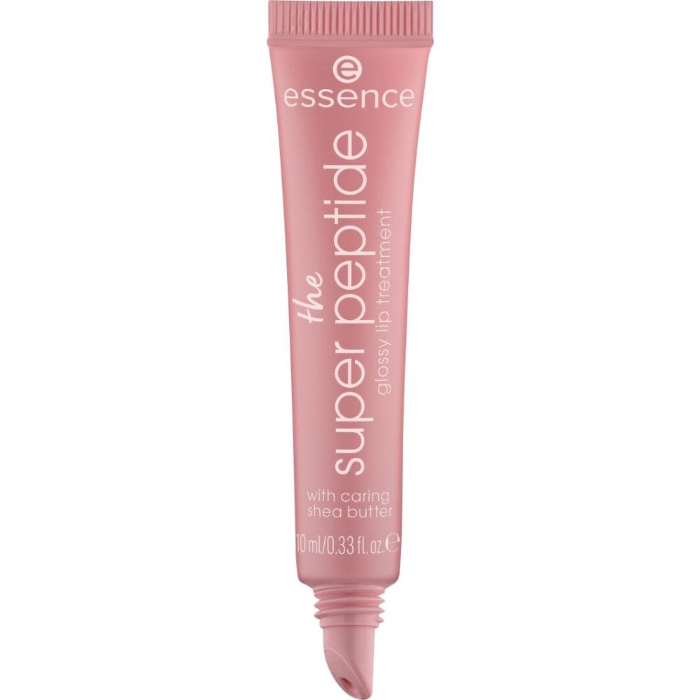 Rosa Lippenbalsam-Tube mit Schriftzug "the super peptide glossy lip treatment". Marke Essence.