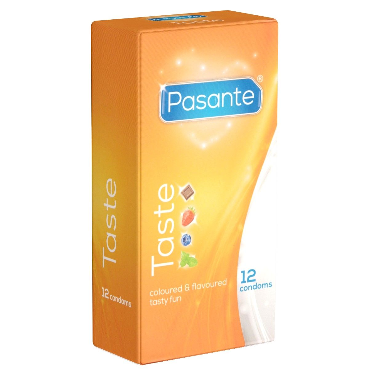 Verpackung von Pasante Taste, 12 Kondome. Orangefarben mit Abbildungen von Früchten und Schokolade.