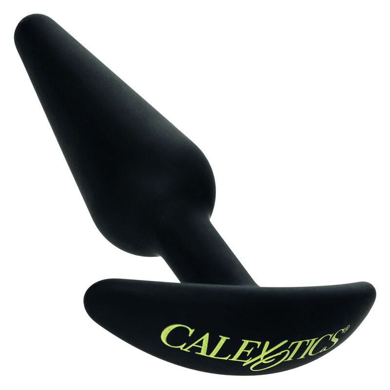 Schwarzer Analplug mit konischem Schaft und T-förmigem Griff. Marke Calexotics in gelber Schrift.