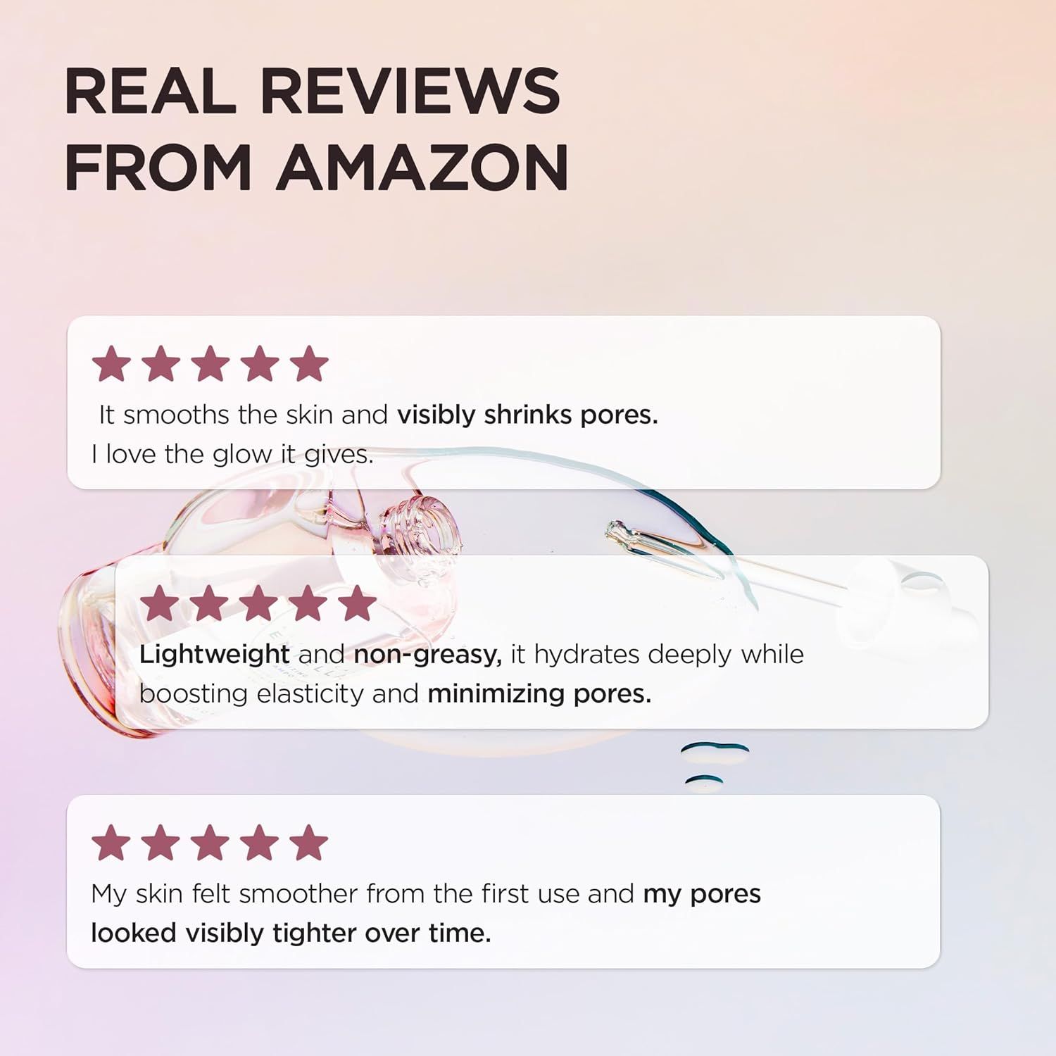 Amazon-Bewertungen. Sternebewertungen und Text. Beschreibungen: Haut glättet, Poren verkleinert, Glow. Leicht, nicht fettend, hydratisiert.