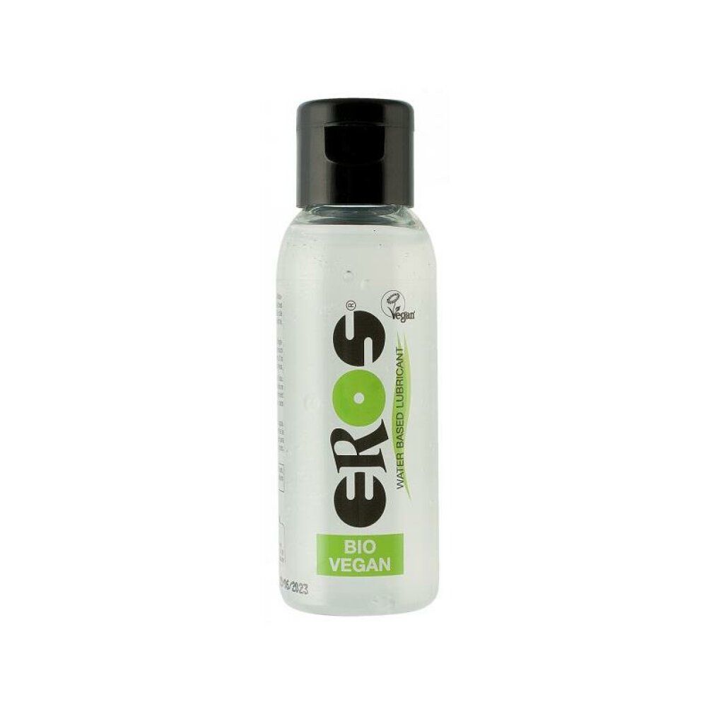 Klare Flasche mit schwarzem Deckel. Aufschrift: EROS, BIO VEGAN. Vegan-Siegel.