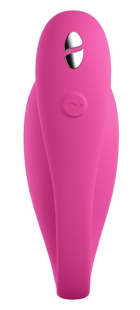 Pinkfarbener Vibrator. Tropfenförmig, mit einer abgerundeten Spitze und einem Knopf.