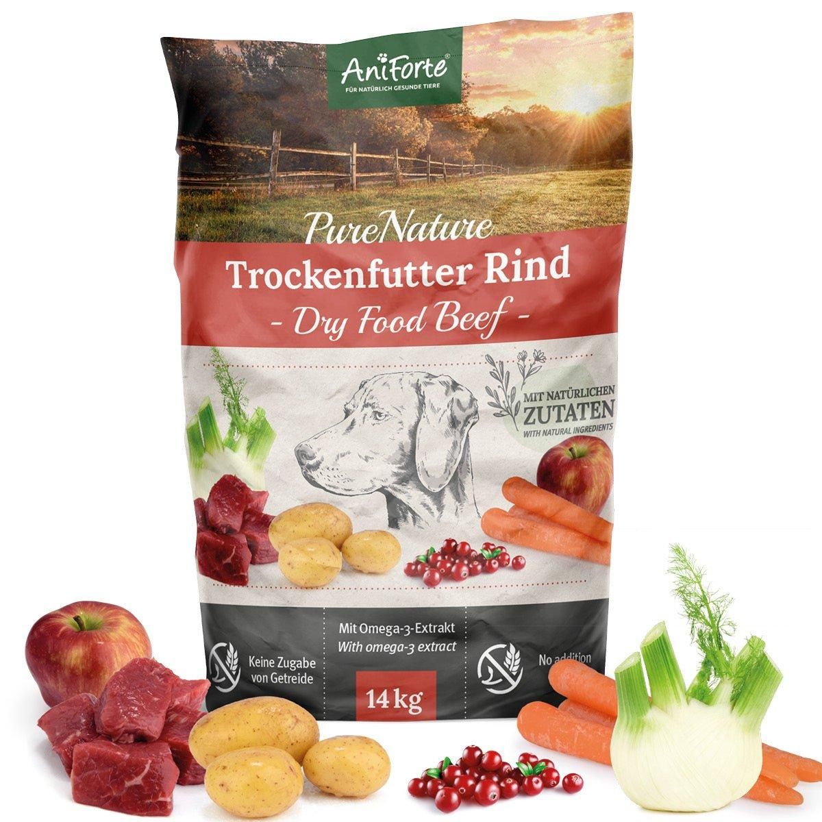 Beutel Trockenfutter Rind, 14 kg. Marke AniForte. Abbildung von Zutaten: Rindfleisch, Kartoffeln, Karotten, Cranberries, Apfel.
