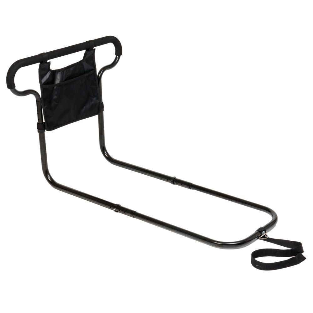 Bettgeländer, schwarz, mit Tasche. Metallrahmen, Handgriff gepolstert. Befestigungsgurt.