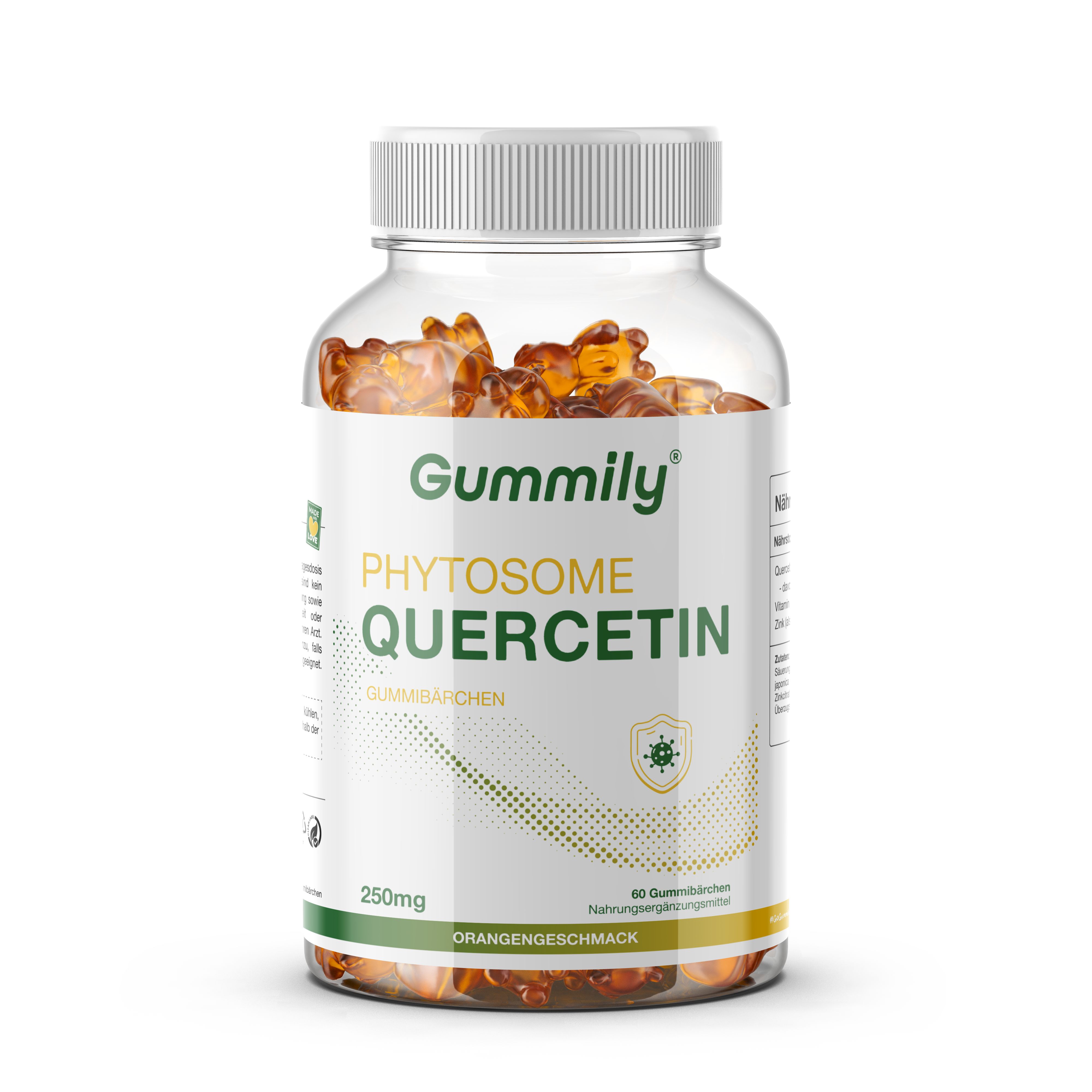 Gummily Phytosome Quercetin 250mg Gummibärchen in transparenter Dose mit weißem Deckel.