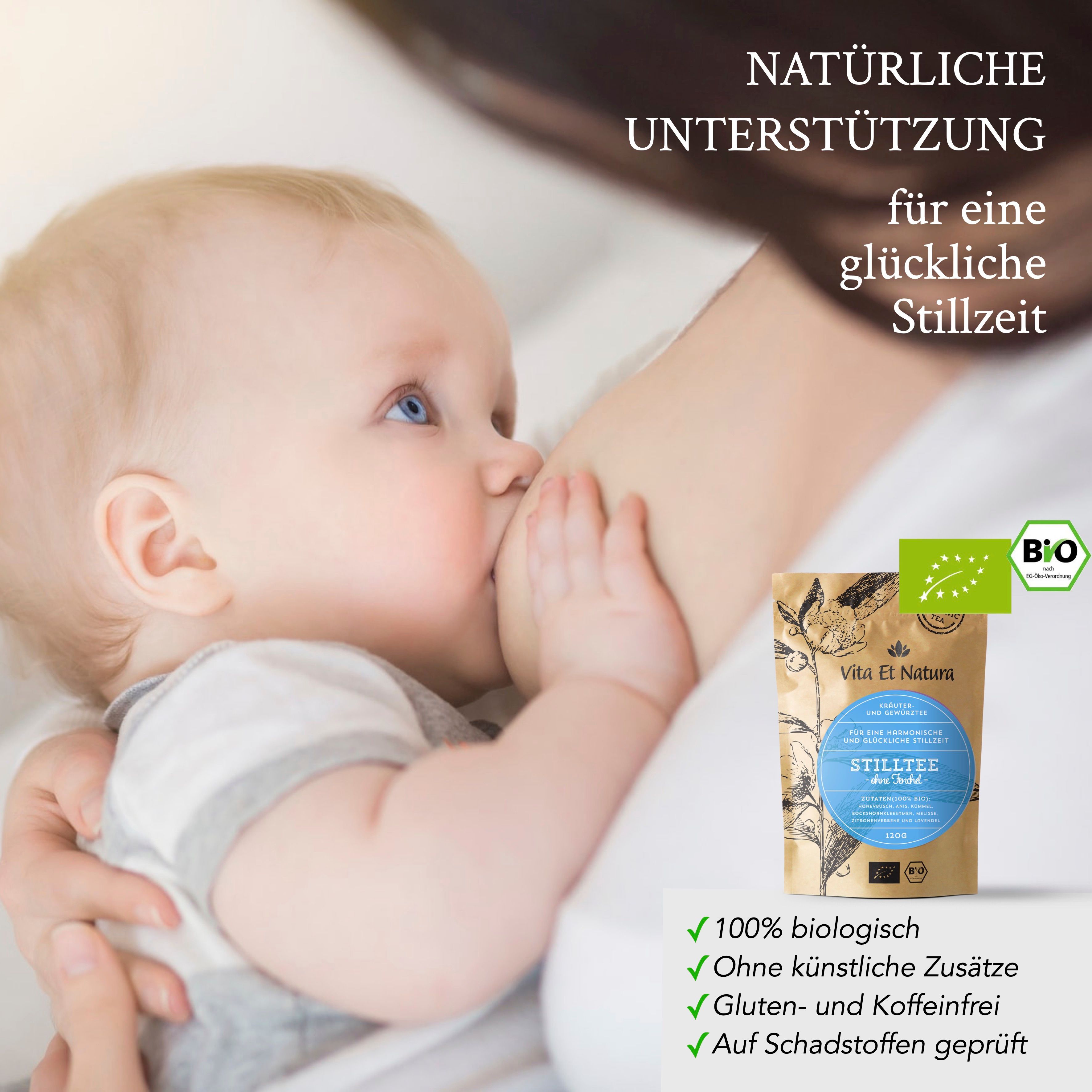 Stilltee-Packung neben stillender Mutter und Baby. Aufdruck: BIO, 100% biologisch, ohne künstliche Zusätze, gluten- und koffeinfrei.