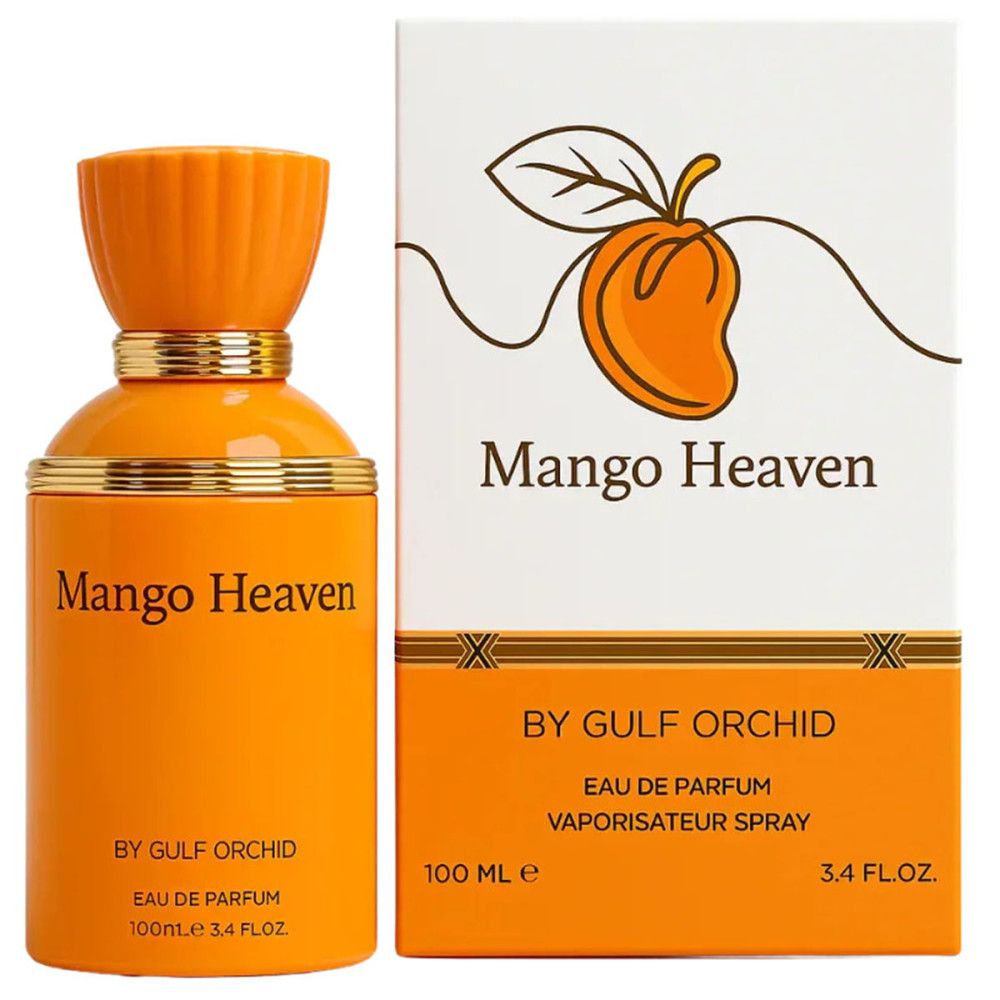 Orangener Flakon mit goldfarbenem Verschluss und Aufschrift Mango Heaven. Daneben eine Schachtel mit Mango-Illustration.