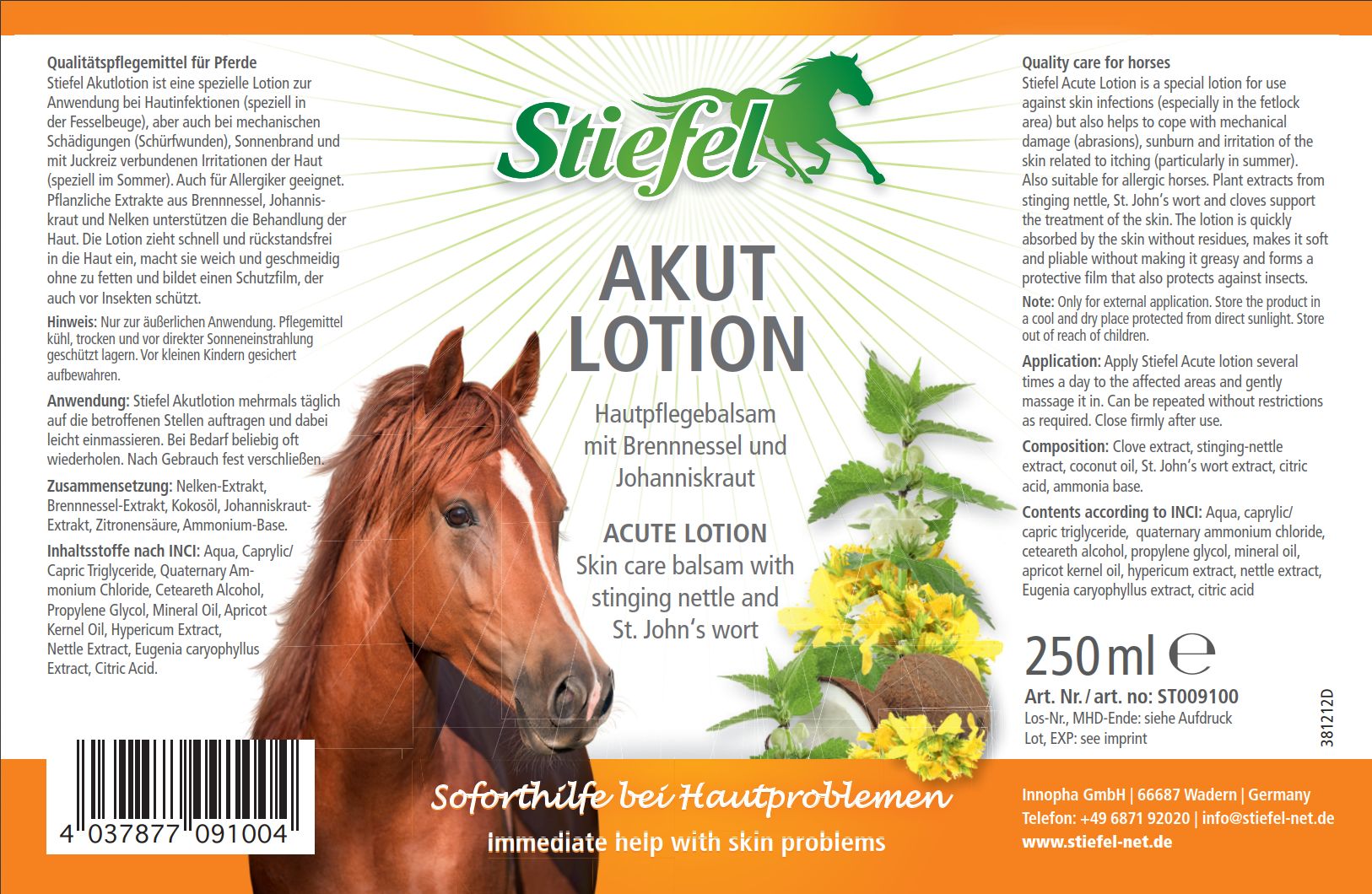 Etikett der Stiefel Akutlotion. Text: Akut Lotion, Hautpflegebalsam mit Brennnessel und Johanniskraut. Enthält 250ml. Mit Logo und Pferdeabbildung.