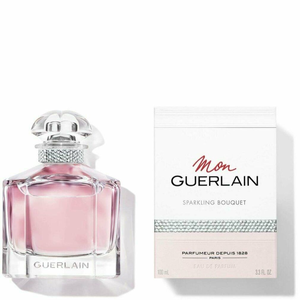 Parfümflakon und Verpackung. Flakon mit rosa Flüssigkeit, Glasdeckel und silberfarbenem Kragen. Verpackung mit Logo.